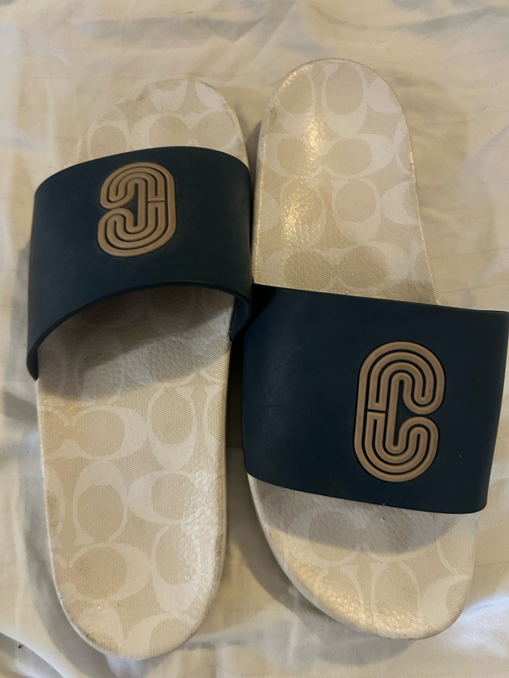 Coach Men's Navy and Beige Pool Slide Sandals 10